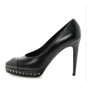 Chanel Lambskin CC Cap Toe Platform Chain Pumps size 36.5 Black